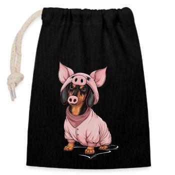 Teckel déguisé en cochon - Sac cadeau en coton avec cordon (14 x 20 cm) - noir - Devant