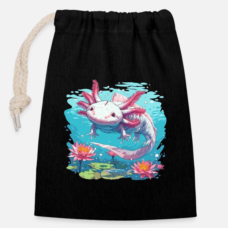 Axolotl - Sac cadeau en coton avec cordon (14 x 20 cm) - noir