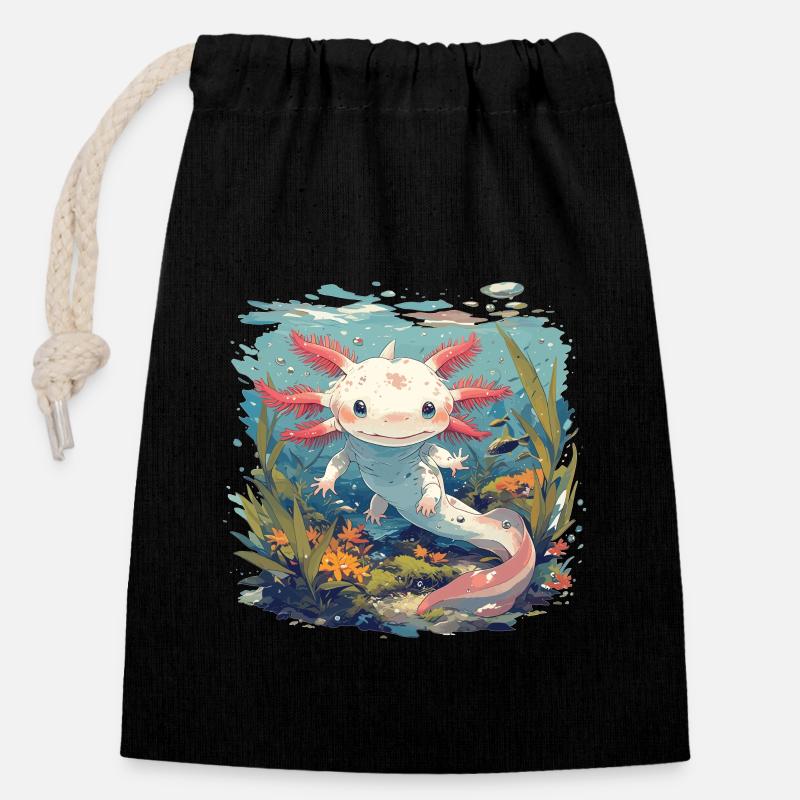 Axolotl - Sac cadeau en coton avec cordon (14 x 20 cm) - noir