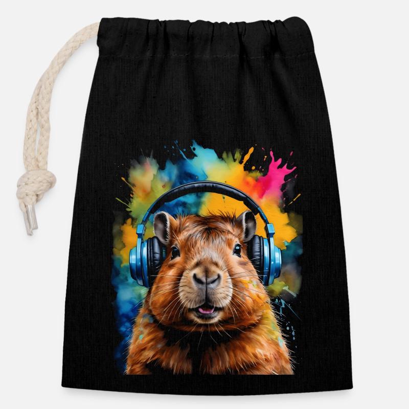 Capybara Kopfhörer Capy Bunt Tier Design Print - Verschließbarer Geschenkbeutel aus Baumwolle (14x20cm) - Schwarz