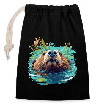 Beaver Biber - Sac cadeau en coton avec cordon (14 x 20 cm) - noir - Devant