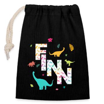 FINN - Schöner Jungen Name mit Dinosaurier - Verschließbarer Geschenkbeutel aus Baumwolle (14x20cm) - Schwarz - Vorne