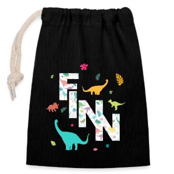 FINN - Schöner Jungen Name mit Dinosaurier - Verschließbarer Geschenkbeutel aus Baumwolle (14x20cm) - Schwarz - Vorne