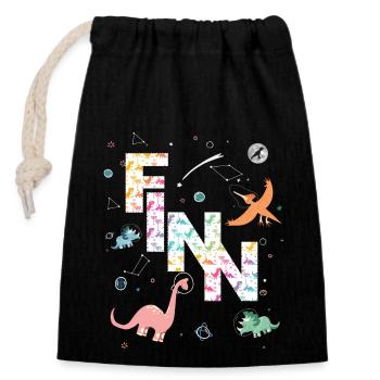 FINN - Schöner Jungen Name mit Dinosaurier - Verschließbarer Geschenkbeutel aus Baumwolle (14x20cm) - Schwarz - Vorne