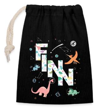 FINN - Schöner Jungen Name mit Dinosaurier - Verschließbarer Geschenkbeutel aus Baumwolle (14x20cm) - Schwarz - Vorne