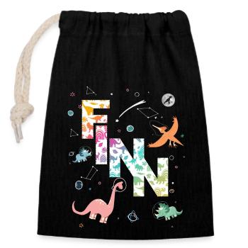 FINN - Schöner Jungen Name mit Dinosaurier - Verschließbarer Geschenkbeutel aus Baumwolle (14x20cm) - Schwarz - Vorne