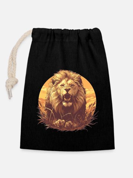 Lion Löwen Löwe - Verschließbarer Geschenkbeutel aus Baumwolle (14x20cm) - Schwarz