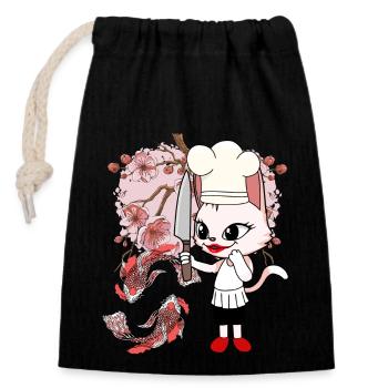 Asie Chat Chaton Cuisiner Poisson Japon Cuisine - Sac cadeau en coton avec cordon (14 x 20 cm) - noir - Devant