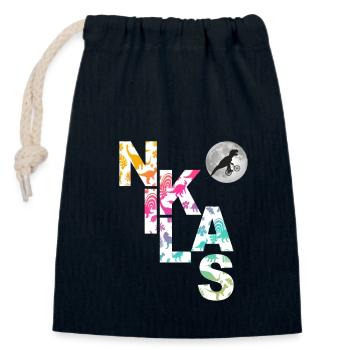 NIKLAS - Beau prénom de garçon avec dinosaure - Sac cadeau en coton avec cordon (14 x 20 cm) - bleu marine - Devant