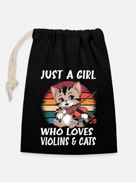 Juste une fille qui aime les violons et les chats - Sac cadeau en coton avec cordon (14 x 20 cm) - noir