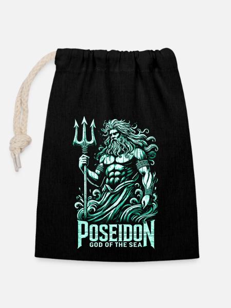 Poseidon - Gott der Meere - Verschließbarer Geschenkbeutel aus Baumwolle (14x20cm) - Schwarz
