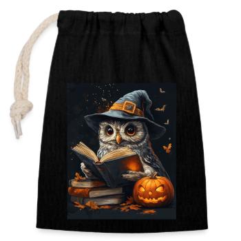 Halloween Geschenk Frauen Eule Männer Kinder Deko - Verschließbarer Geschenkbeutel aus Baumwolle (14x20cm) - Schwarz - Vorne