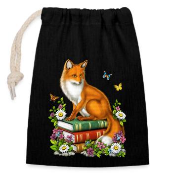 Cottagecore Fox Bücher - Verschließbarer Geschenkbeutel aus Baumwolle (14x20cm) - Schwarz - Vorne