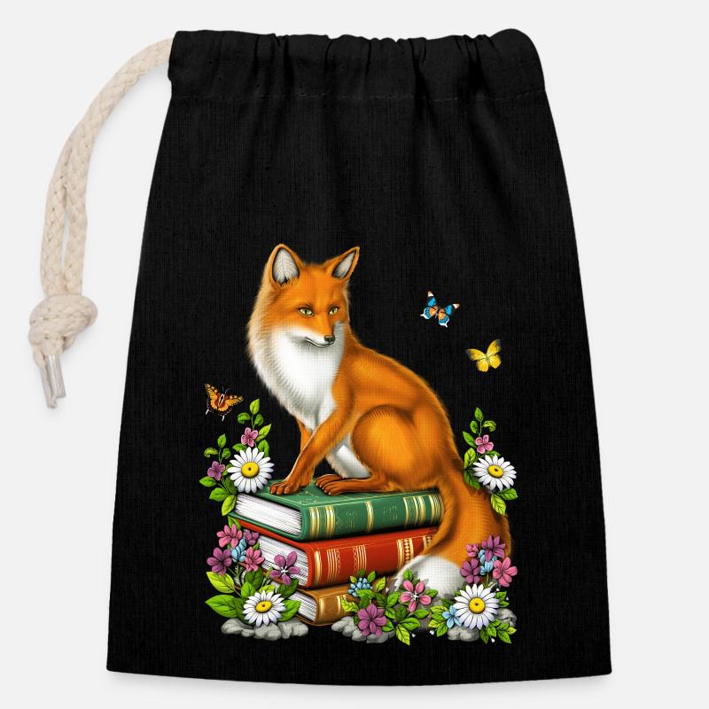 Cottagecore Fox Bücher - Verschließbarer Geschenkbeutel aus Baumwolle (14x20cm) - Schwarz