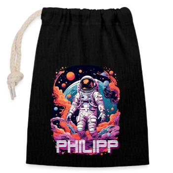 PHILIPP - Schöner Jungen Name mit coolem Astronaut - Verschließbarer Geschenkbeutel aus Baumwolle (14x20cm) - Schwarz - Vorne