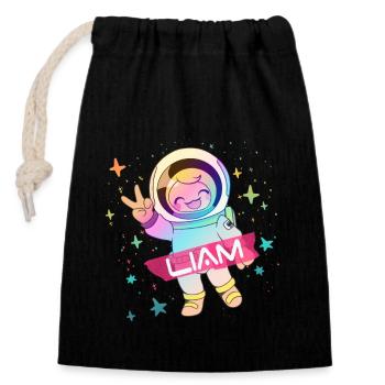 LIAM - Schöner Jungen Name mit süßem Astronaut - Verschließbarer Geschenkbeutel aus Baumwolle (14x20cm) - Schwarz - Vorne