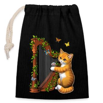 Cat Playing Harp - Closable cotton gift bag (14x20cm) - black - Front