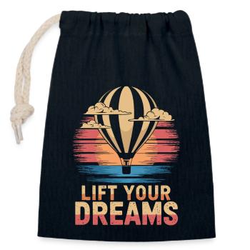 Citation d’inspiration pour montgolfière Lift Your Dreams - Sac cadeau en coton avec cordon (14 x 20 cm) - bleu marine - Devant