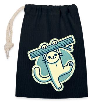 Happy White Cat hanging from a branch - Closable cotton gift bag (14x20cm) - navy - Front