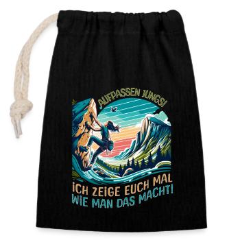 Abenteuer Bouldern – Kletter-Design für Frauen - Verschließbarer Geschenkbeutel aus Baumwolle (14x20cm) - Schwarz - Vorne