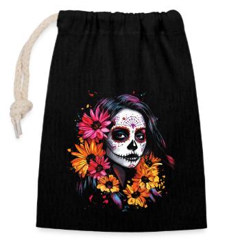 Lebhafte Catrina - Sonnenblumen Dia de los Muertos - Verschließbarer Geschenkbeutel aus Baumwolle (14x20cm) - Schwarz - Vorne