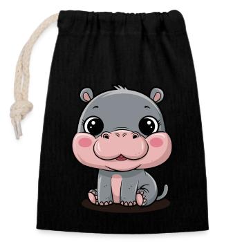 Mignon motif hippopotame Moo Deng pour enfants - Sac cadeau en coton avec cordon (14 x 20 cm) - noir - Devant