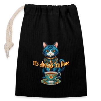 Skurrile Katze Tea Time Illustration Whimsical Cat - Closable cotton gift bag (14x20cm) - black - Front