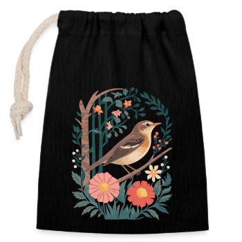 Cottagecore Forest Bird with Flowers and Twigs - Closable cotton gift bag (14x20cm) - black - Front