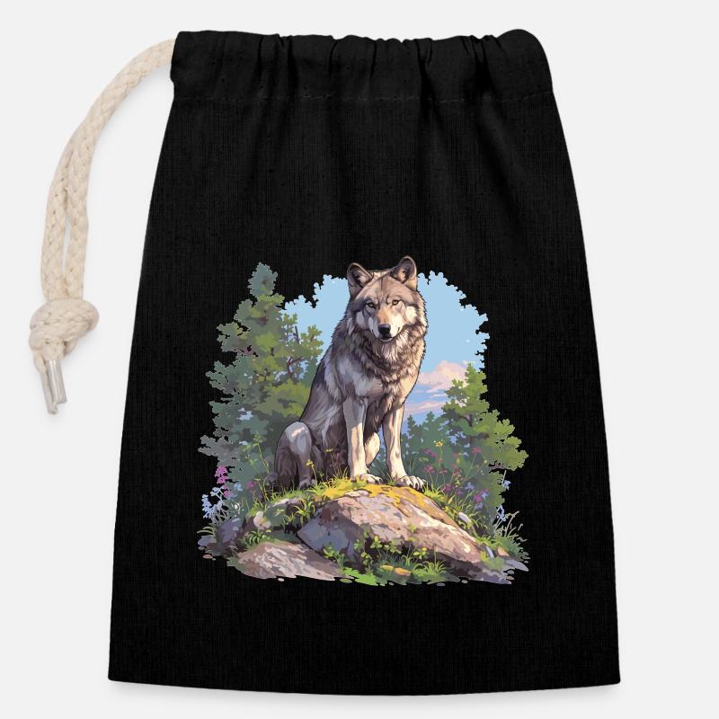 Wölfe Wolf - Verschließbarer Geschenkbeutel aus Baumwolle (14x20cm) - Schwarz