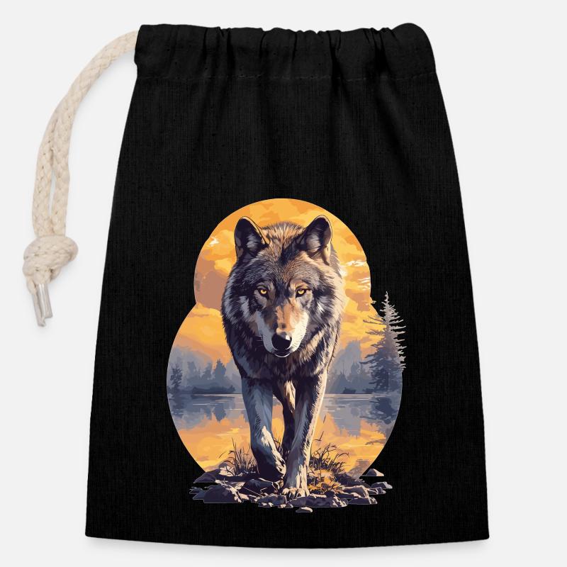 Wölfe Wolf - Verschließbarer Geschenkbeutel aus Baumwolle (14x20cm) - Schwarz