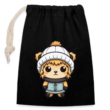 Lion Hiver Animal Bébé Bande Dessinée - Sac cadeau en coton avec cordon (14 x 20 cm) - noir - Devant