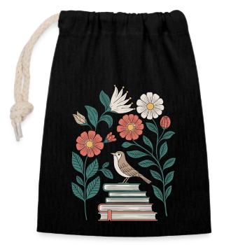 Cottagecore : Oiseaux et fleurs sur les livres - Sac cadeau en coton avec cordon (14 x 20 cm) - noir - Devant