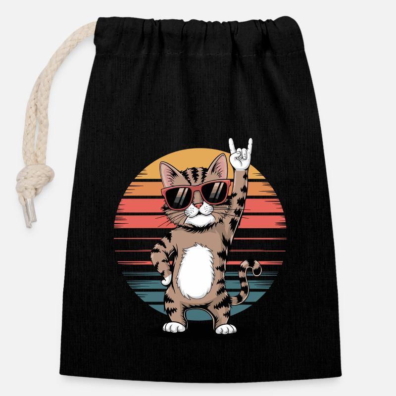 Coole Katze Mit Sonnenbrille Rockt Den Retro Look - Verschließbarer Geschenkbeutel aus Baumwolle (14x20cm) - Schwarz