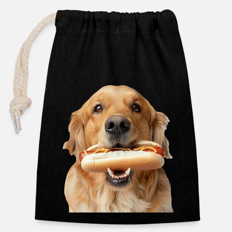 Golden retriever - Sac cadeau en coton avec cordon (14 x 20 cm) - noir