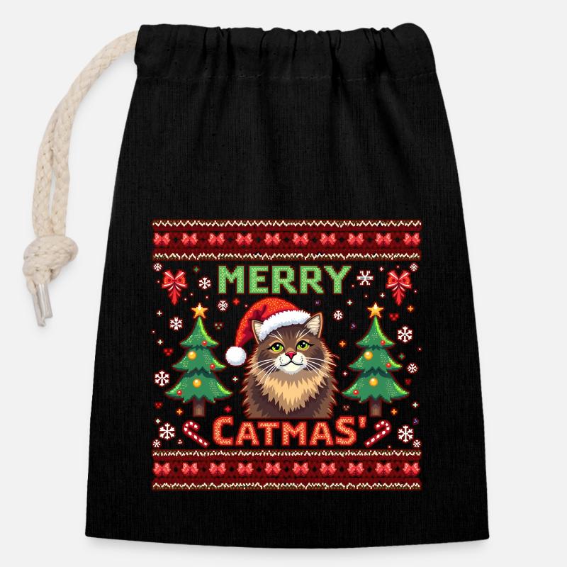 Merry Catmas – Katze mit Schneeflocken - Verschließbarer Geschenkbeutel aus Baumwolle (14x20cm) - Schwarz