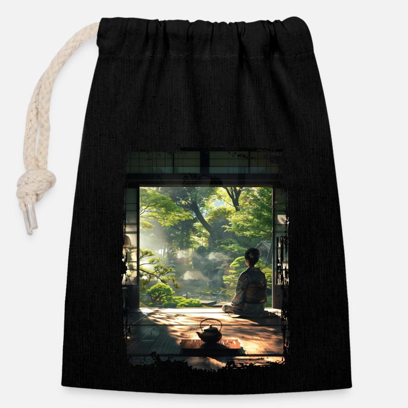 Japon - Sac cadeau en coton avec cordon (14 x 20 cm) - noir