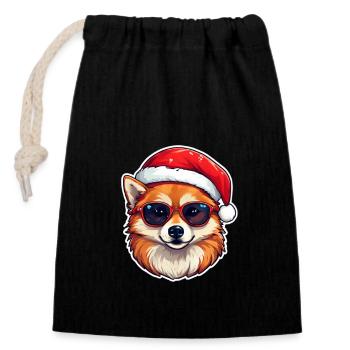 Chien de Noël Schibainu - Sac cadeau en coton avec cordon (14 x 20 cm) - noir - Devant