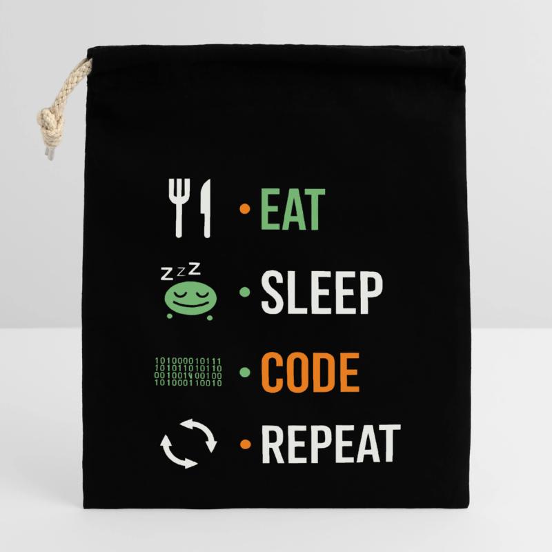 Manger, dormir, coder, répéter. Sac cadeau en coton avec cordon (14 x 20 cm)