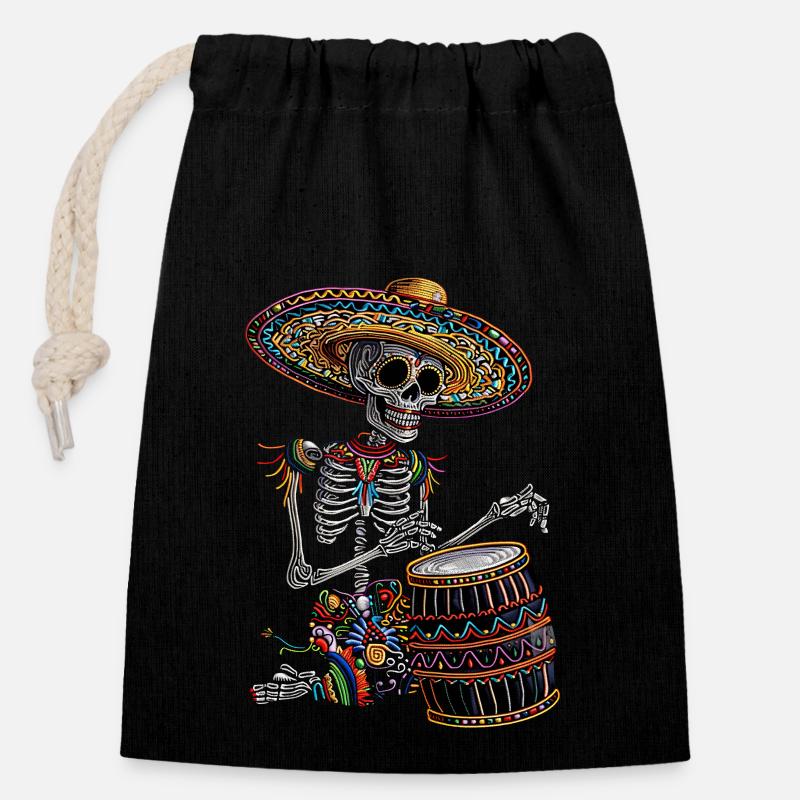 Mexican Skeleton Drums - Closable cotton gift bag (14x20cm) - black