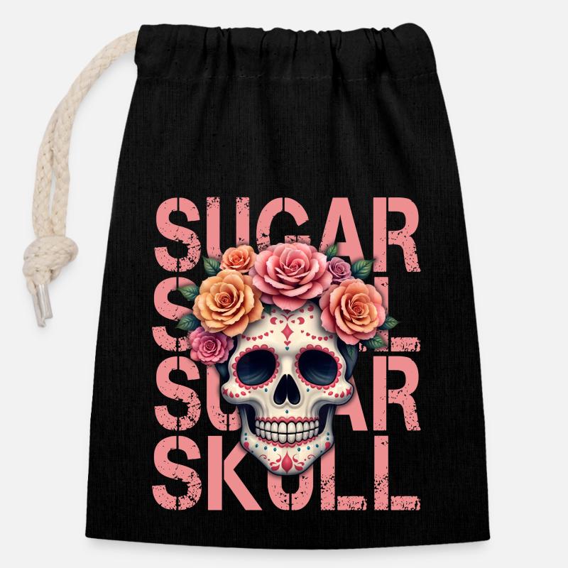 Mexican Skull Sugar Skull Dia de Muertos - Closable cotton gift bag (14x20cm) - black