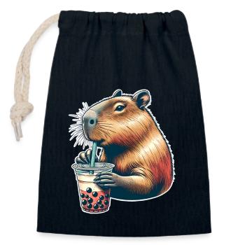 Capybara Bubble Tea - Closable cotton gift bag (14x20cm) - navy - Front