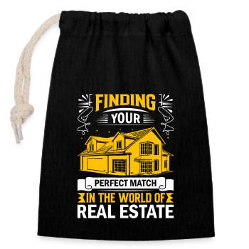 Finden Sie Ihren perfekten Partner in der Welt der Immobilien - Verschließbarer Geschenkbeutel aus Baumwolle (14x20cm) - Schwarz - Vorne