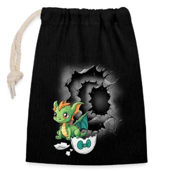 Baby Dino Drache Drachen Eierschale schlüpfen - Verschließbarer Geschenkbeutel aus Baumwolle (14x20cm) - Schwarz - Vorne