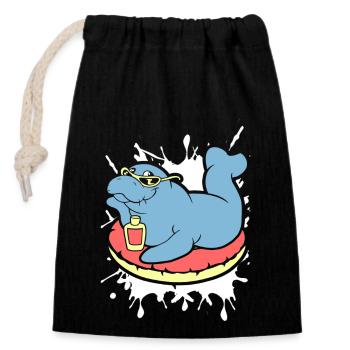 Funny Manatee Does Sunbath - Closable cotton gift bag (14x20cm) - black - Front