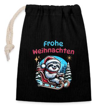 Frohe Weihnachten - Faultier fährt Schlitten - Verschließbarer Geschenkbeutel aus Baumwolle (14x20cm) - Schwarz - Vorne