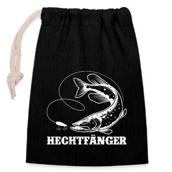 HECHT FÄNGER Lustiges Hecht Angeln Hobby Angler - Verschließbarer Geschenkbeutel aus Baumwolle (14x20cm) - Schwarz - Vorne