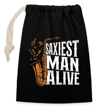 Saxophone Pun Saxiest Man Alive - Closable cotton gift bag (14x20cm) - black - Front
