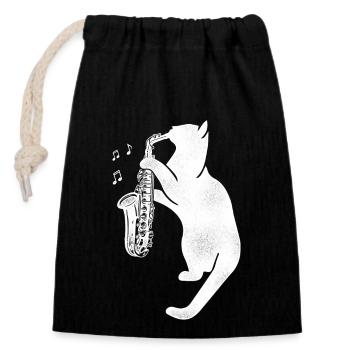 Saxophone Cat - Closable cotton gift bag (14x20cm) - black - Front