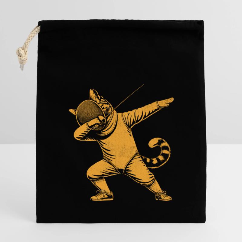 Doublage Chat Escrimeur Clôture Épée Épée Escrime Sac cadeau en coton avec cordon (14 x 20 cm)