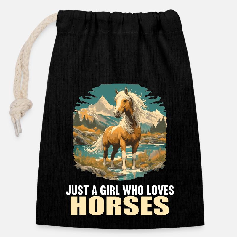 Chevaux Cheval - Sac cadeau en coton avec cordon (14 x 20 cm) - noir
